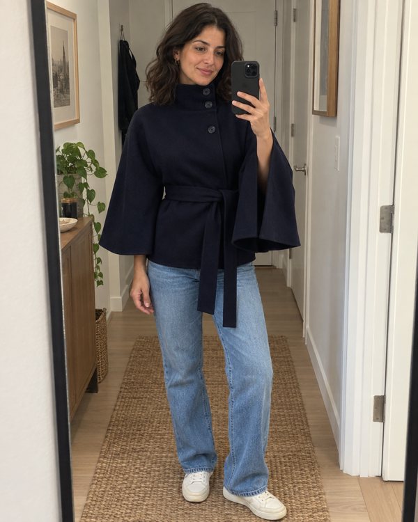 Navy Margot cape coat styling preview
