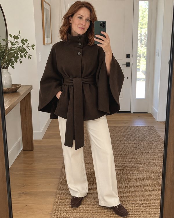 Brown Margot cape coat styling preview