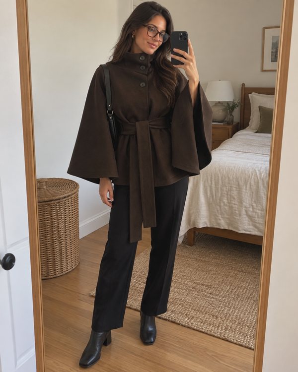 Brown Margot cape coat styling preview