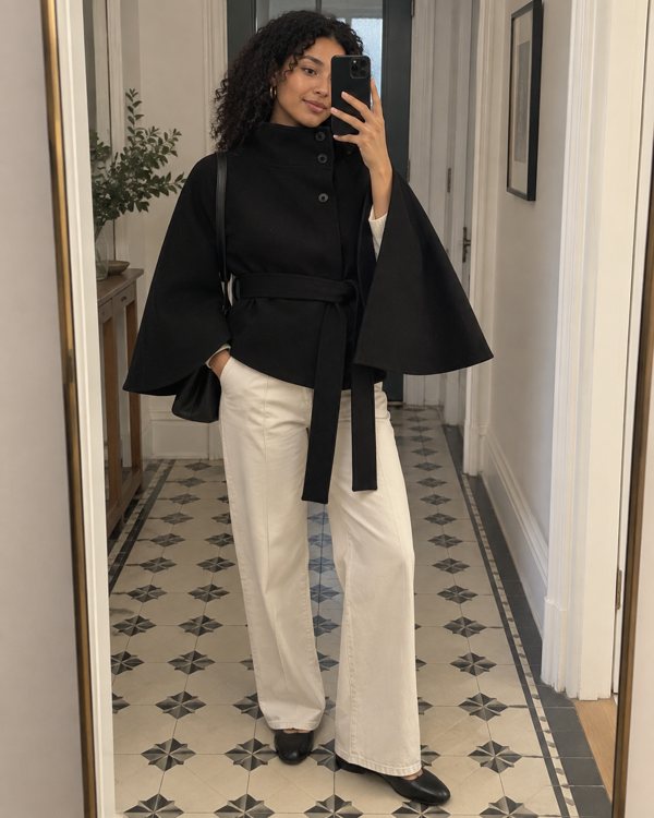 Black Margot cape coat styling preview