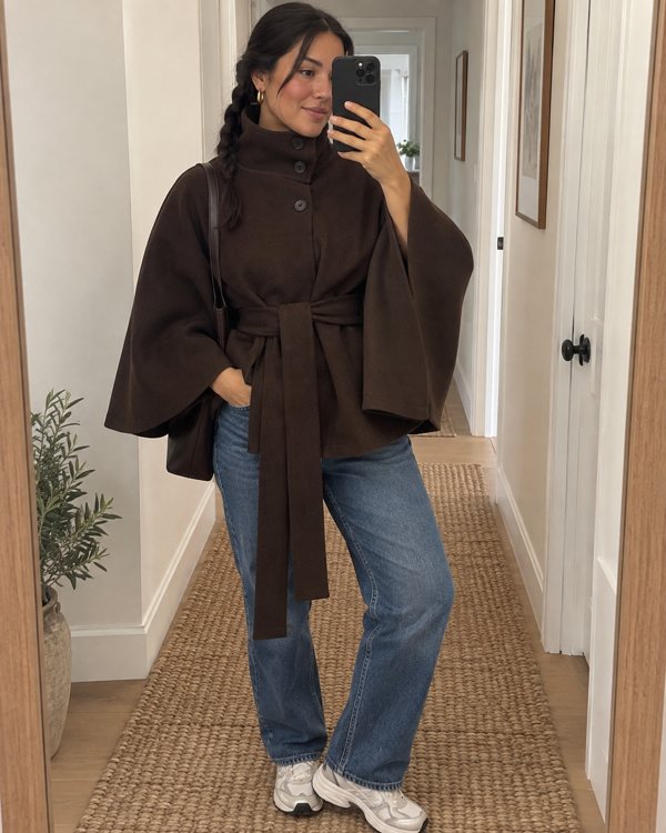 Brown Margot cape coat styling preview
