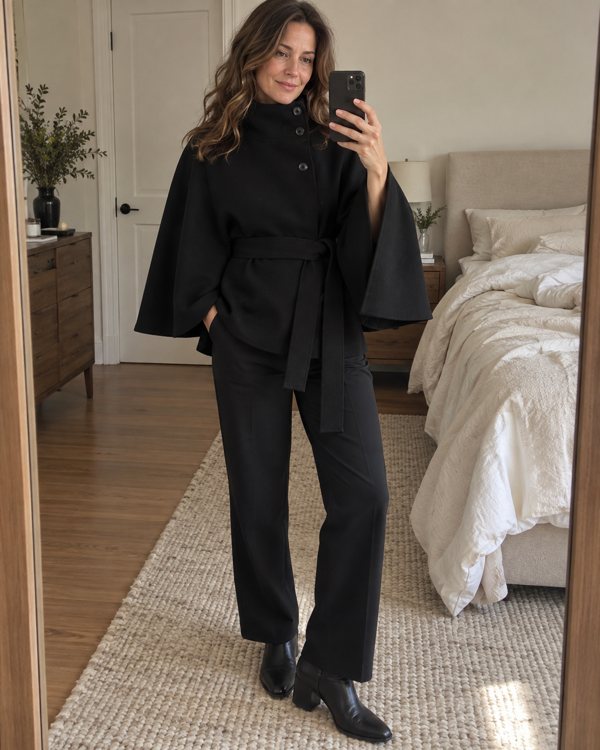 Black Margot cape coat styling preview