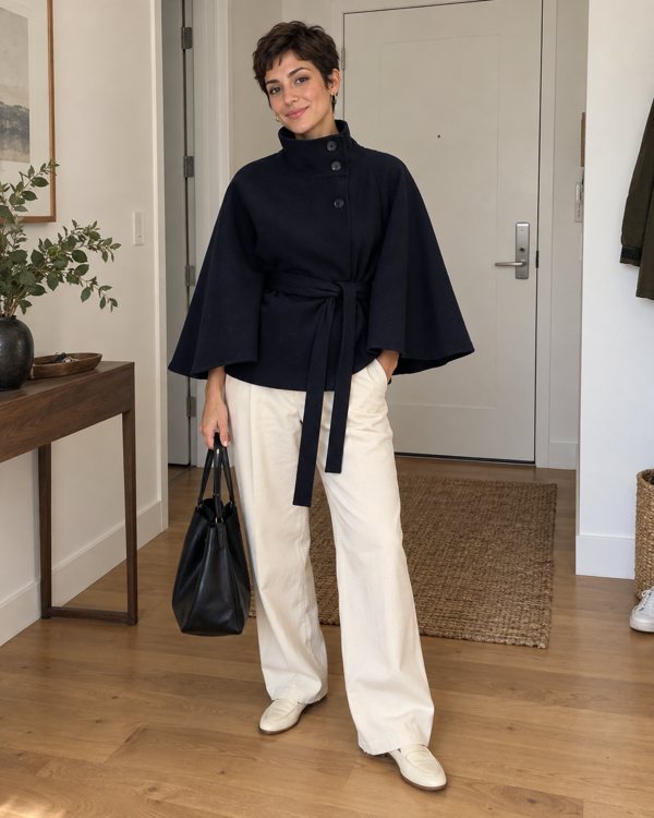 Navy Margot cape coat styling preview