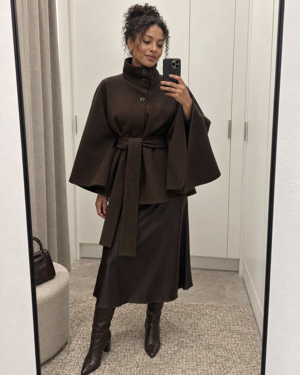 Brown Margot cape coat styling preview