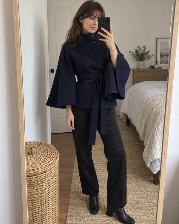 Navy Margot cape coat styling preview
