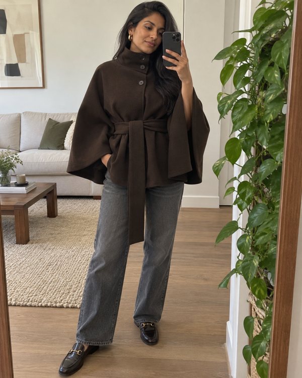Brown Margot cape coat styling preview