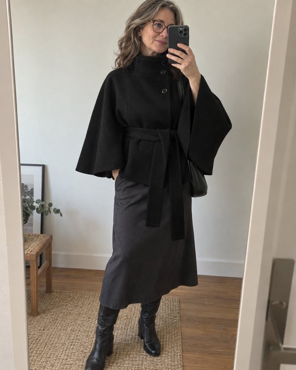Black Margot cape coat styling preview