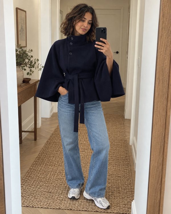 Navy Margot cape coat styling preview
