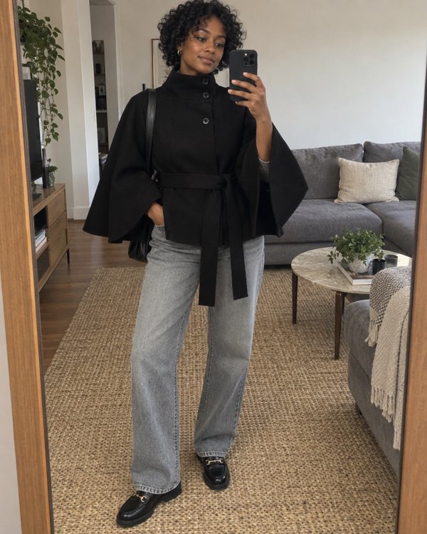 Black Margot cape coat styling preview