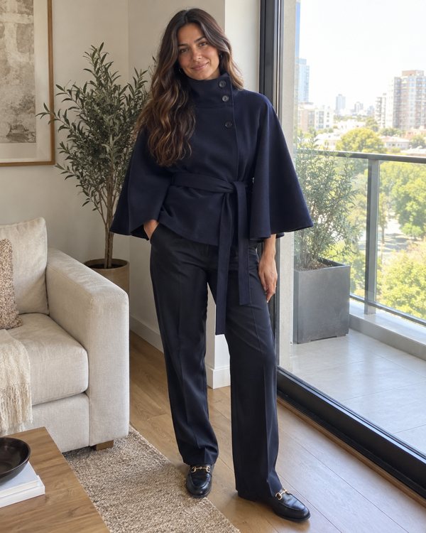 Navy Margot cape coat styling preview