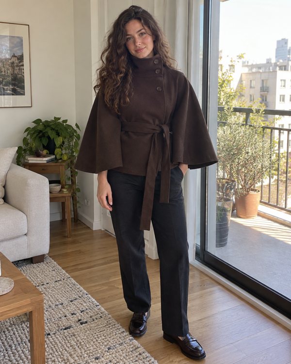 Brown Margot cape coat styling preview