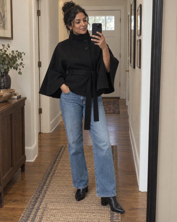 Black Margot cape coat styling preview