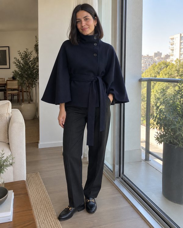 Navy Margot cape coat styling preview